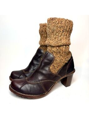 El Naturalista Myth Yggdrasil Mahogany Leather Knit Cuff Ankle Boots | 9